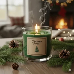 Close-up of a green, Christmas tree scented candle in a glass jar, perfect for creating a cozy, festive ambiance.