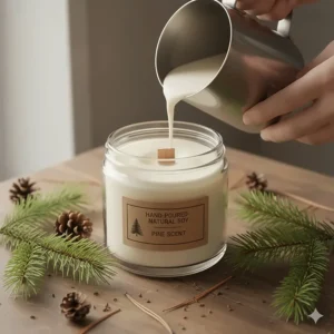 Hand-poured natural soy wax pine scented candle, showing the texture and quality of the soy blend.