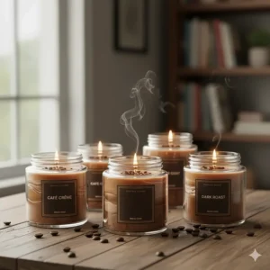 High-quality image of premium, hand-poured coffee scented candles in decorative glass jars, showcasing the rich color and texture.