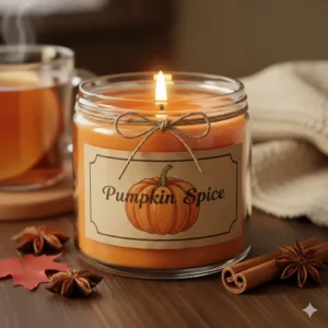 Close-up of a jar candle labeled with the popular autumn scented candles fragrance, pumpkin spice.