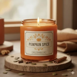 Close-up of a decorative jar candle labeled pumpkin spice, one of the most popular fall candle scents.