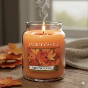 Close-up of the Yankee Candle label for the "Autumn Leaves" scent, showing the rich, fall-inspired color and wax texture.