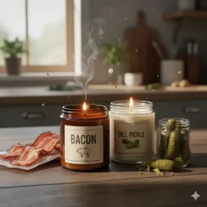 An illustration of a sizzling bacon candle next to a jar candle with a dill pickle label, two examples of surprising and weird candle scents in the savory category.