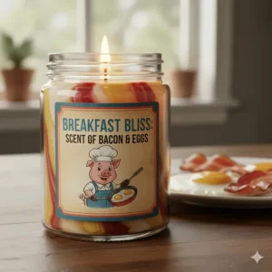 An illustration of a breakfast-themed candle, emphasizing the bizarre appeal of funny candle scents like bacon and eggs.