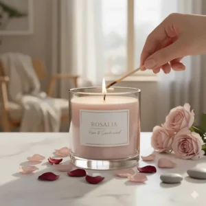 Close-up of a hand lighting a luxurious rose scented candle wick with a match.