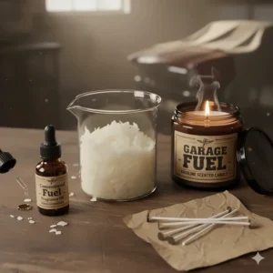 Close-up showing the high-quality soy wax and natural fragrance oils that create the safe, realistic gasoline scented candle.