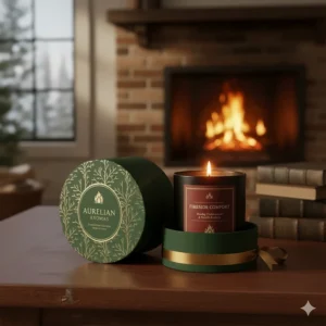 Elegant product packaging for a luxury fireplace scented candle, showing the brand and high-quality jar design.