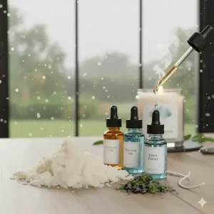 A picture showing the natural soy wax and essential oils used to create the authentic rain scented candle aroma.