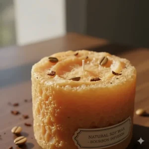 Close-up texture of a hand-poured candle, emphasizing the natural soy wax used to create the rich bourbon scent.