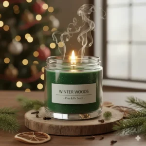 Close-up of a burning candle that smells exactly like a fresh Christmas tree - the best pine scent for the holidays.