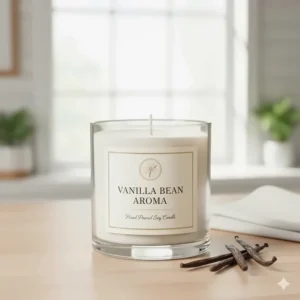 Premium white vanilla scented candle in a minimalist glass jar with a custom label, emphasizing the quality fragrance.