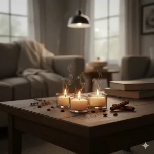 Three small scented tea light candles burning brightly on a wooden table, creating a cozy and relaxing living room ambiance.