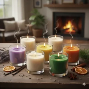 Assortment of colorful scented votive candles featuring popular aromas like lavender, vanilla, and citrus for home fragrance.