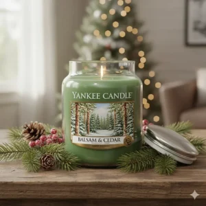 Close-up of a green Yankee Candle jar in the Balsam & Cedar scent, a favorite evergreen fragrance for Christmas.