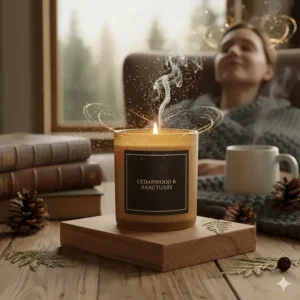 Illustration of a person relaxing with the calming woody aroma of cedar scented candles.