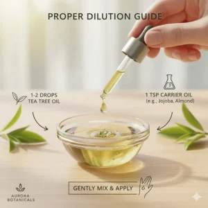 Step-by-step illustration on how to dilute the best tea tree oil for acne using a carrier oil to prevent irritation.