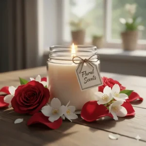 A close-up of a soy candle surrounded by petals of rose and jasmine, illustrating the floral section of a candle scent list.