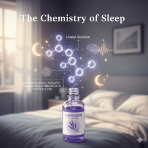 Illustration showing the chemical compounds of lavender oil like linalool that promote deep sleep.