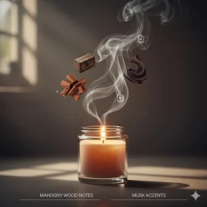 A graphic illustration showing the scent profile of a mahogany candle with notes of deep wood and musk.