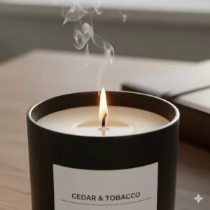 Close-up of a masculine scented candle being burned, showing the clean wax pool and warm, inviting ambiance.