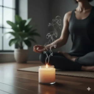 A person practicing mindfulness and meditation next to a flickering sandalwood scented candle for stress relief.