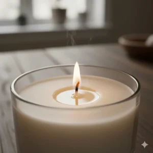 Close-up of a wick on a small soy scented candle during a clean, even burn test.