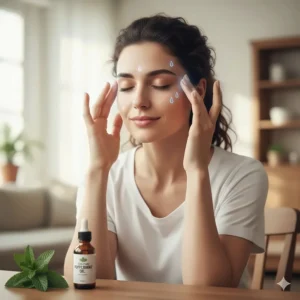 Illustration of a person applying peppermint oil to temples and forehead for natural headache relief.