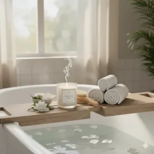 A relaxing spa setup featuring a gardenia scented candle next to rolled white towels by a bathtub.