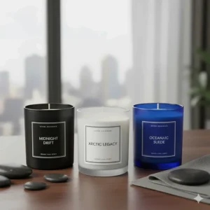 A stylish grouping of three different premium cologne scented candles in black, white, and blue jars, showcasing the variety of available masculine fragrances.