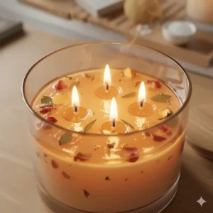 A top-down close-up view of a three-wick large scented candle with pool of melted wax.