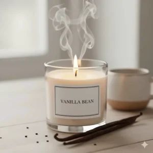 Illustration of a vanilla bean next to a burning candle, highlighting this universally loved and most popular candle scent for a cozy feel.