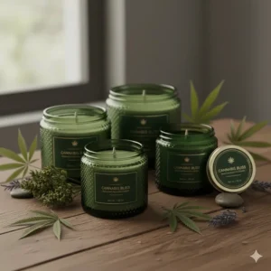 A collection showcasing a variety of weed scented candles in different colored jars and sizes.