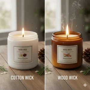Comparison drawing between a traditional cotton wick and a crackling wood wick used in premium wood scented candles.
