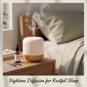 A bedside table setup with a diffuser emitting a mist of calming essential oil blend in a soft-lit bedroom.