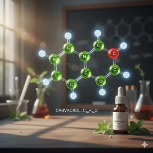 A 3D molecular model of carvacrol, the primary active compound in oregano oil that supports the immune system.