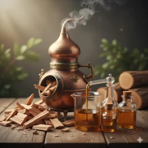 Fresh cedar wood chips and essential oil, highlighting the natural origin of cedarwood oil for hair health.