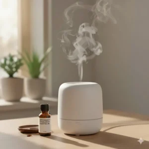 An ultrasonic aroma diffuser emitting a fine mist with a bottle of affordable sandalwood oil on a side table.