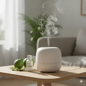 An ultrasonic water diffuser emitting mist with bergamot essential oil for stress management.