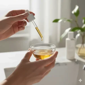 Hand mixing frankincense essential oil with jojoba carrier oil in a small glass bowl for safe topical application.