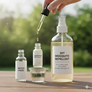 Infographic showing how to mix lemongrass essential oil for a homemade mosquito spray.