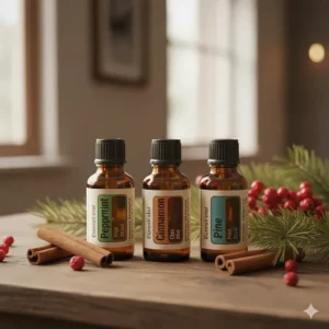Bottles of peppermint, cinnamon, and pine essential oils used for Christmas recipes.