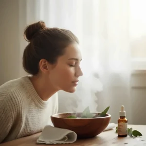 A person inhaling steam from a bowl infused with the best eucalyptus oil for congestion relief.