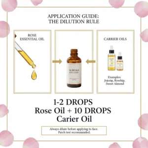 Diagram showing the proper dilution ratio of rose essential oil with carrier oils like jojoba or rosehip.