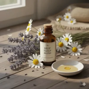 An illustration of lavender sprigs and chamomile flowers, key ingredients in the best essential oil blend for deep sleep.