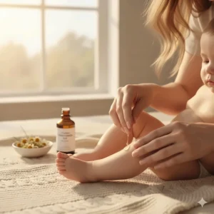 A mother gently applying organic chamomile oil to her baby's legs during a soothing bedtime massage.