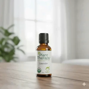 Plant Therapy USDA Organic Lavender essential oil bottle showing the KidSafe logo for safe aromatherapy.
