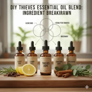 Infographic showing the five core oils needed for a thieves essential oil blend dupe.