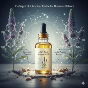 Diagram showing sclareol and linalyl acetate in clary sage oil for endocrine support.