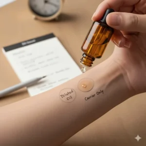 A step-by-step illustration of performing a skin patch test on the inner forearm to check for essential oil sensitivity.