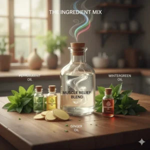 Close-up illustration showing peppermint, ginger, and wintergreen oils used in a muscle relief blend.
